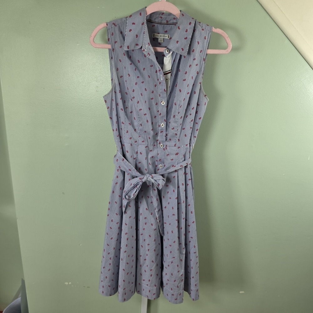 Tommy Hilfiger Women's Sleeveless Belted Midi Collared Shirt Dress Blue Stripe 8